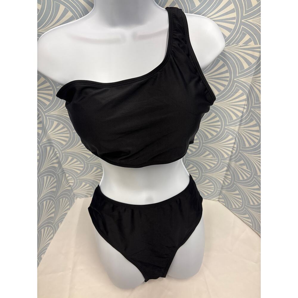 New women high-leg one-shoulder bikini set two piece swimsuit X-Large Black - Picture 2 of 7